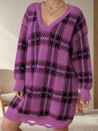 Shop Red-Violet One Size Distressed Plaid V-Neck Long Sleeve Sweater Dress - High-Quality U.S. Made Women’s Fashion with Free & Fast Shipping