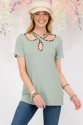 Shop Celeste Full Size Crisscross Cutout Leopard Contrast Trim T-Shirt - High-Quality U.S. Made Women’s Fashion with Free & Fast Shipping