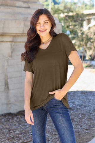 Shop Mocha Basic Bae Full Size V-Neck Short Sleeve T-Shirt - High-Quality U.S. Made Women’s Fashion with Free & Fast Shipping