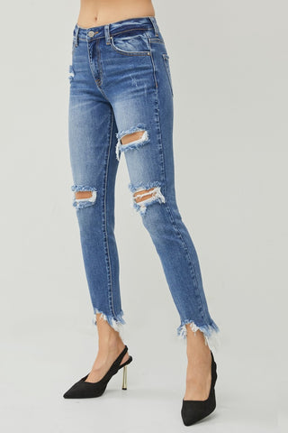 Shop RISEN Distressed Frayed Hem Slim Jeans - High-Quality U.S. Made Women’s Fashion with Free Fast Shipping