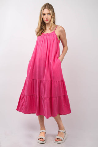 Shop Fuchsia VERY J Ruffled A-Line Midi Cami Dress - High-Quality U.S. Made Women’s Fashion with Free & Fast Shipping