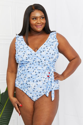 Shop Marina West Swim Full Size Float On Ruffle Faux Wrap One-Piece in Blossom Blue - High-Quality U.S. Made Women’s Fashion with Free Fast Shipping