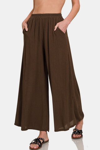 Shop BROWN Zenana Woven Wide Leg Pants With Pockets - High-Quality U.S. Made Women’s Fashion with Free & Fast Shipping