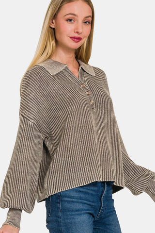 Shop Zenana Washed Half Button Long Sleeve Sweater - High-Quality U.S. Made Women’s Fashion with Free & Fast Shipping