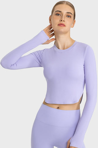 Shop Millennia Side Slit Long Sleeve Round Neck Crop Top - High-Quality U.S. Made Women’s Fashion with Free & Fast Shipping