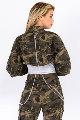 Shop American Bazi Camouflage Cropped Jacket with Chains - High-Quality U.S. Made Women’s Fashion with Free & Fast Shipping