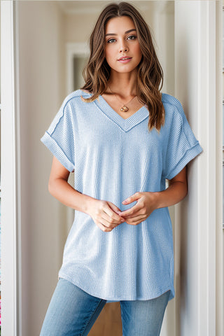 Shop Light Blue Textured V-Neck Short Sleeve Top - High-Quality U.S. Made Women’s Fashion with Free & Fast Shipping