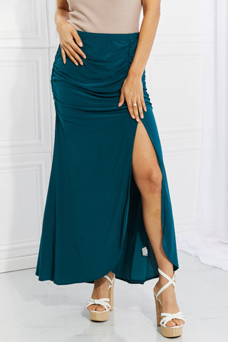 Shop Turquoise White Birch Full Size Up and Up Ruched Slit Maxi Skirt in Teal - High-Quality U.S. Made Women’s Fashion with Free & Fast Shipping