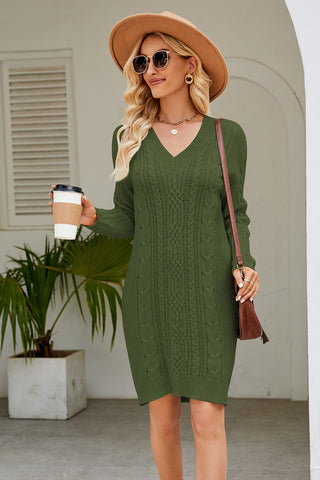 Shop Matcha Green Cable-Knit Long Sleeve Sweater Dress - High-Quality U.S. Made Women’s Fashion with Free & Fast Shipping