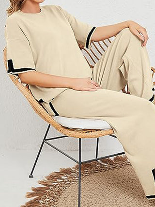 Shop Contrast High-Low Sweater and Knit Pants Set - High-Quality U.S. Made Women’s Fashion with Free Fast Shipping