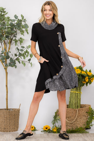 Shop Black Celeste Full Size Decor Button Short Sleeve Dress with Pockets - High-Quality U.S. Made Women’s Fashion with Free & Fast Shipping