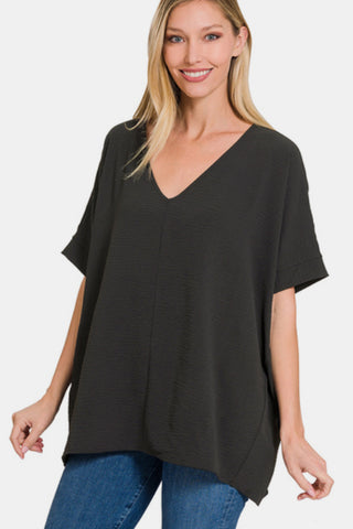 Shop BLACK Zenana Full Size V-Neck Short Sleeve Top - High-Quality U.S. Made Women’s Fashion with Free & Fast Shipping