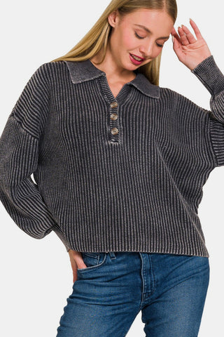 Shop Zenana Washed Half Button Long Sleeve Sweater - High-Quality U.S. Made Women’s Fashion with Free & Fast Shipping