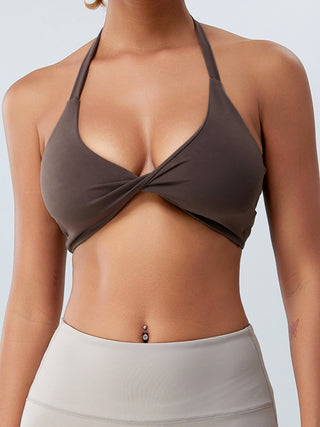 Shop Chocolate Twisted Halter Neck Active Bra - High-Quality U.S. Made Women’s Fashion with Free & Fast Shipping