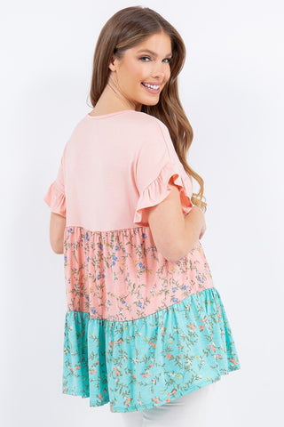 Shop Celeste Full Size Floral Color Block Ruffled Short Sleeve Top - High-Quality U.S. Made Women’s Fashion with Free & Fast Shipping