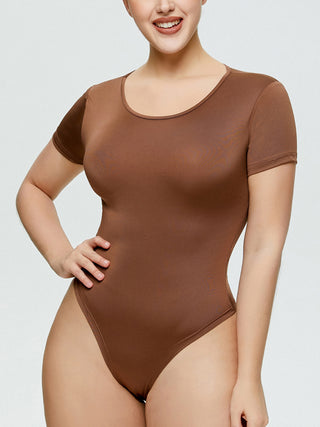 Shop Coffee Brown Full Size Round Neck Short Sleeve Bodysuit - High-Quality U.S. Made Women’s Fashion with Free & Fast Shipping