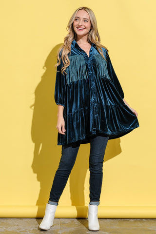 Shop And The Why Fringe Detailed Velvet Shirt Dress - High-Quality U.S. Made Women’s Fashion with Free & Fast Shipping