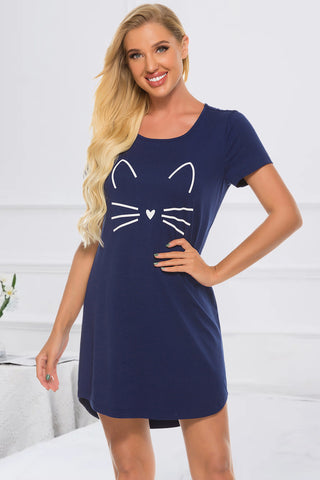 Shop Dark Blue Graphic Round Neck Short Sleeve Lounge Dress - High-Quality U.S. Made Women’s Fashion with Free & Fast Shipping