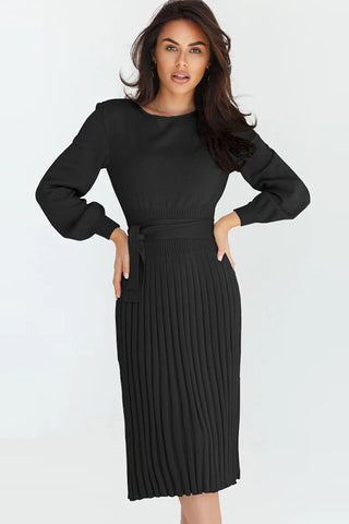 Shop Black Round Neck Long Sleeve Pleated Sweater Dress - High-Quality U.S. Made Women’s Fashion with Free & Fast Shipping