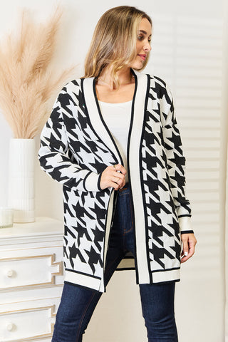 Shop Black Woven Right Houndstooth Open Front Longline Cardigan - High-Quality U.S. Made Women’s Fashion with Free & Fast Shipping