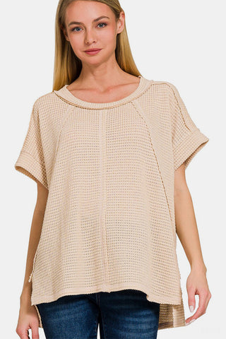 Shop Beige Zenana Waffle Exposed-Seam Short Sleeve T-Shirt - High-Quality U.S. Made Women’s Fashion with Free & Fast Shipping