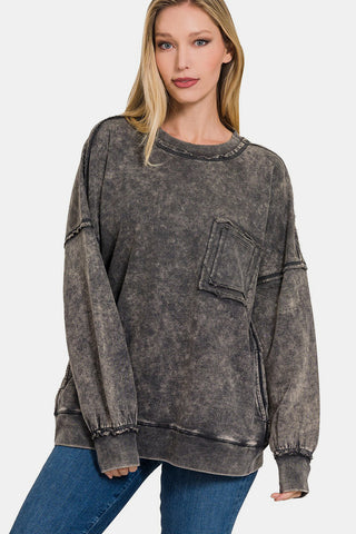 Shop Ash Black Zenana Exposed Seam Round Neck Dropped Shoulder Sweatshirt - High-Quality U.S. Made Women’s Fashion with Free & Fast Shipping