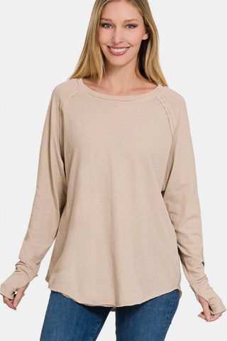 Shop LT MOCHA Zenana Round Neck Thumbhole Long Sleeve Top - High-Quality U.S. Made Women’s Fashion with Free & Fast Shipping