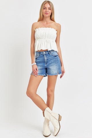 Shop RISEN Front Slit Raw Hem Denim Shorts - High-Quality U.S. Made Women’s Fashion with Free & Fast Shipping