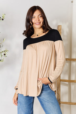 Shop AS-SHOWN BOMBOM Contrast Long Sleeve Ruched Blouse - High-Quality U.S. Made Women’s Fashion with Free & Fast Shipping