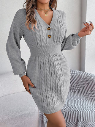 Shop Charcoal Buttoned Cable-Knit V-Neck Sweater Dress - High-Quality U.S. Made Women’s Fashion with Free & Fast Shipping