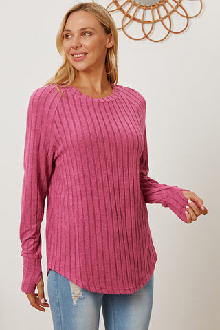 Shop Hot Pink Basic Bae Full Size Ribbed Thumbhole Sleeve T-Shirt - High-Quality U.S. Made Women’s Fashion with Free & Fast Shipping