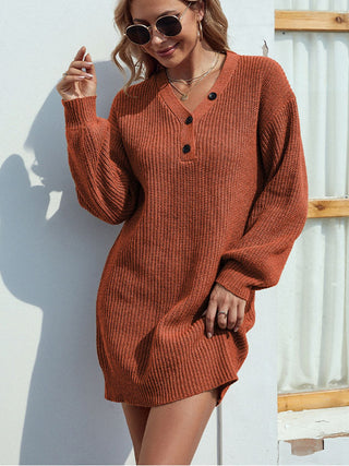 Shop Buttoned V-Neck Sweater Dress - High-Quality U.S. Made Women’s Fashion with Free & Fast Shipping