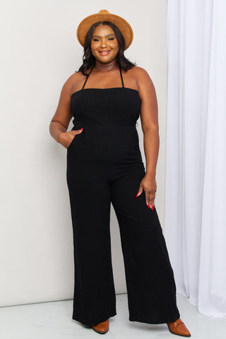 Shop White Birch Full Size Halter Neck Wide Leg Jumpsuit with Pockets - High-Quality U.S. Made Women’s Fashion with Free & Fast Shipping