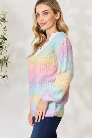 Shop BiBi Rainbow Gradient Crochet Deetail Sweater - High-Quality U.S. Made Women’s Fashion with Free & Fast Shipping