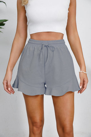 Shop Gray Full Size Drawstring Ruffle Hem Shorts - High-Quality U.S. Made Women’s Fashion with Free & Fast Shipping