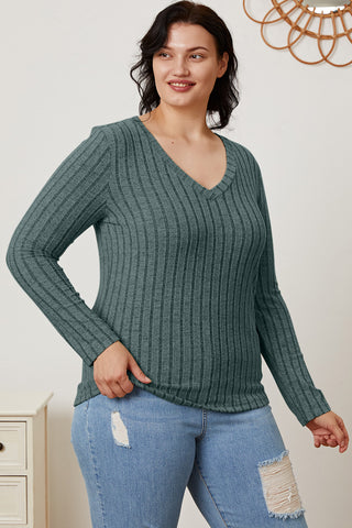 Shop Basic Bae Full Size Ribbed V-Neck Long Sleeve T-Shirt - High-Quality U.S. Made Women’s Fashion with Free & Fast Shipping