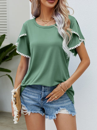 Shop Pom-Pom Trim Flutter Sleeve Round Neck T-Shirt - High-Quality U.S. Made Women’s Fashion with Free & Fast Shipping