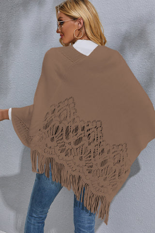 Shop Round Neck Fringe Detail Poncho - High-Quality U.S. Made Women’s Fashion with Free & Fast Shipping