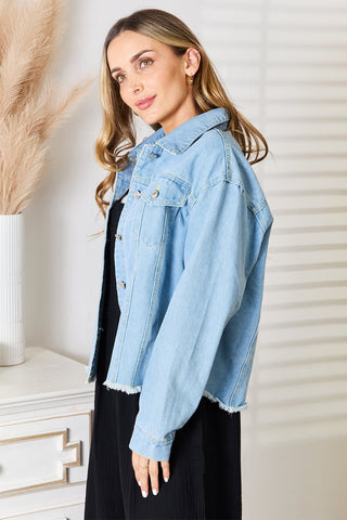 Shop Double Take Dropped Shoulder Raw Hem Denim Jacket - High-Quality U.S. Made Women’s Fashion with Free & Fast Shipping