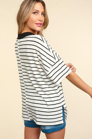 Shop Haptics Full Size Striped Dropped Shoulder Half Sleeve T-Shirt - High-Quality U.S. Made Women’s Fashion with Free & Fast Shipping