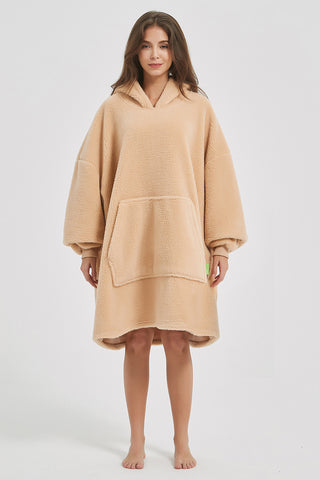 Shop Lantern Sleeve Oversized Hooded Fuzzy Lounge Dress - High-Quality U.S. Made Women’s Fashion with Free Fast Shipping