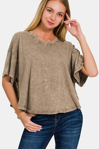 Shop MOCHA Zenana Washed Round Neck Drop Shoulder Cropped T-Shirt - High-Quality U.S. Made Women’s Fashion with Free & Fast Shipping