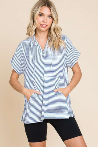 Shop Cobalt Blue Culture Code Full Size Striped Short Sleeve Hooded Top - High-Quality U.S. Made Women’s Fashion with Free & Fast Shipping