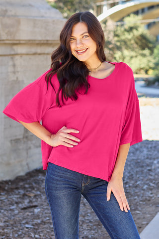 Shop Hot Pink Basic Bae Full Size Round Neck Drop Shoulder T-Shirt - High-Quality U.S. Made Women’s Fashion with Free & Fast Shipping