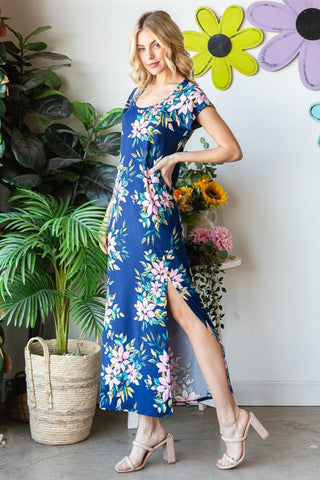 Shop Heimish Full Size Floral Short Sleeve Slit Dress - High-Quality U.S. Made Women’s Fashion with Free & Fast Shipping