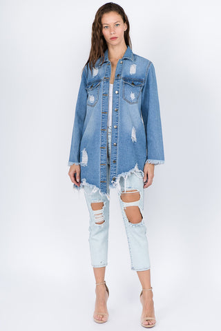 Shop American Bazi Distressed Frayed Hem Denim Jacket - High-Quality U.S. Made Women’s Fashion with Free & Fast Shipping