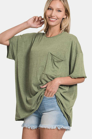 Shop Olive Zenana Drop Shoulder Oversized Front Pocket T-Shirt - High-Quality U.S. Made Women’s Fashion with Free & Fast Shipping