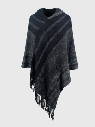 Shop Black One Size Striped Fringe Hem Hooded Poncho - High-Quality U.S. Made Women’s Fashion with Free & Fast Shipping