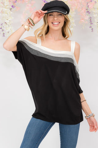 Shop Black Ivory Celeste Full Size Striped Cold Shoulder Top - High-Quality U.S. Made Women’s Fashion with Free & Fast Shipping