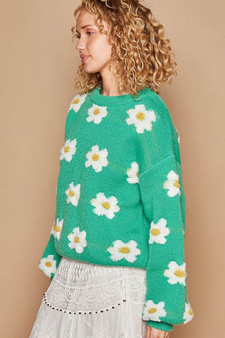 Shop POL Daisy Pattern Drop Shoulder Sweater - High-Quality U.S. Made Women’s Fashion with Free Fast Shipping